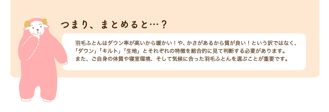 つまり、まとめると…?羽毛ふとんはダウン率が高いから暖かい!や、かさがあるから質が良い!という訳ではなく、「ダウン」「キルト」「生地」とそれぞれの特徴を総合的に見て判断する必要があります。 また、ご自身の体質や寝室環境、そして気候に合った羽毛ふとんを選ぶことが重要です。