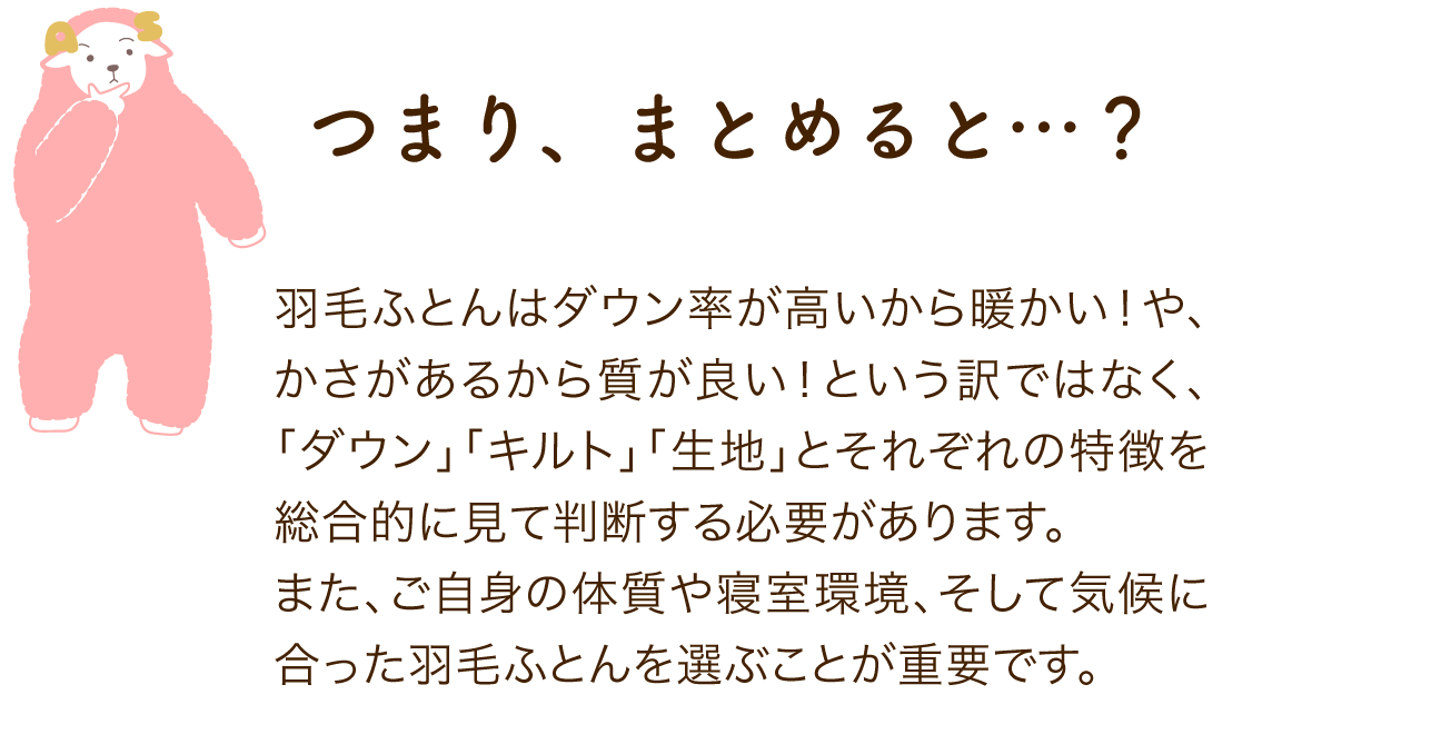 つまり、まとめると…？羽毛ふとんはダウン率が高いから暖かい！や、かさがあるから質が良い！という訳ではなく、「ダウン」「キルト」「生地」とそれぞれの特徴を総合的に見て判断する必要があります。 また、ご自身の体質や寝室環境、そして気候に合った羽毛ふとんを選ぶことが重要です。