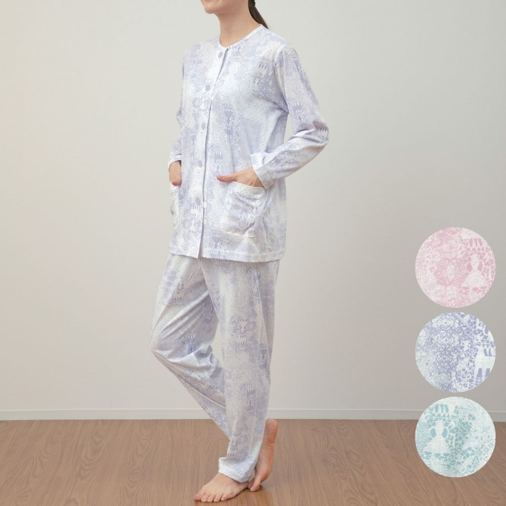 日本製 レディースパジャマ 長袖 長ズボン 上下セット 前開き 衿なし