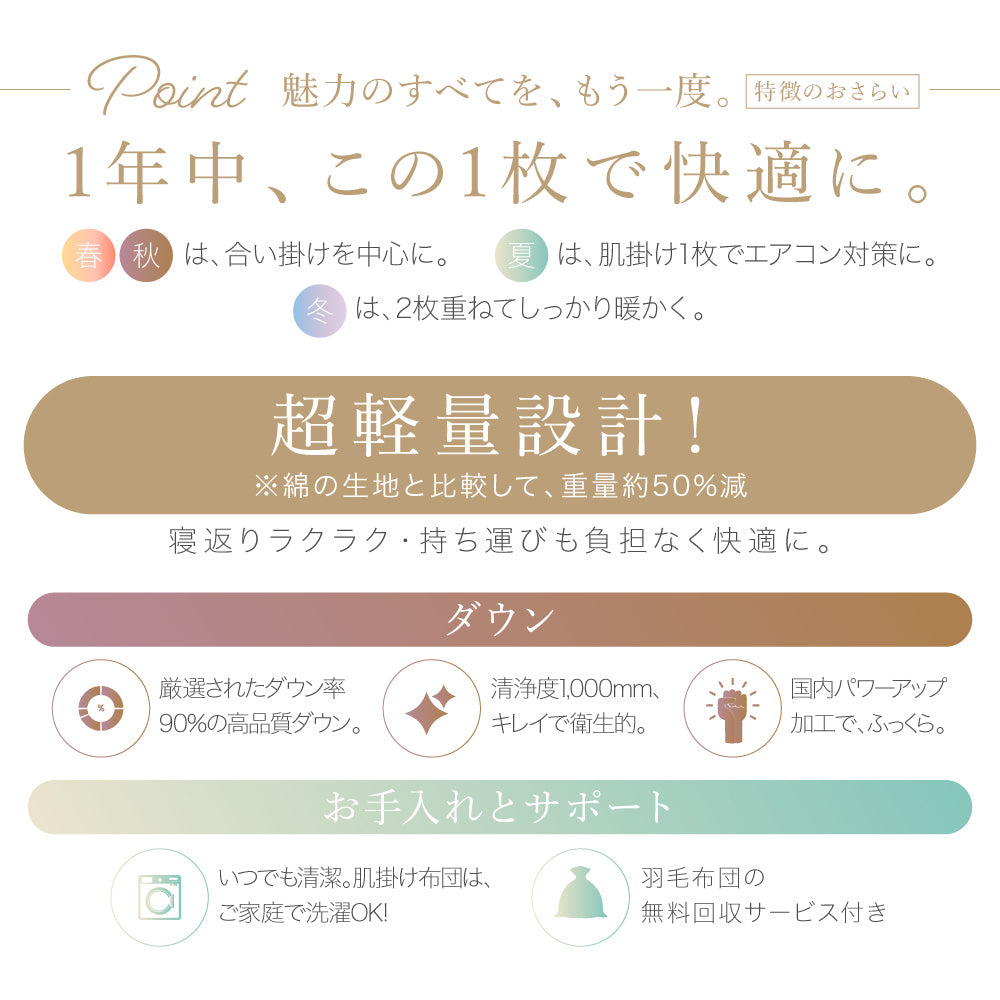 洗える2枚合わせ羽毛掛けふとん/ホワイトダウン90％