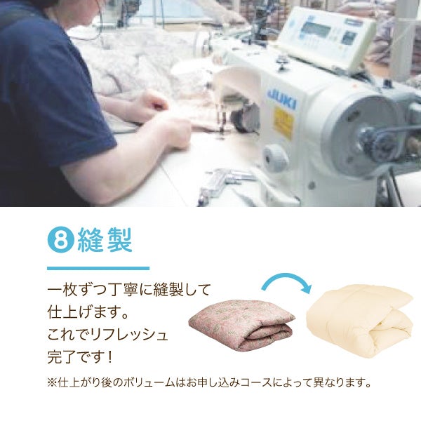 羽毛ふとんのリフォーム/綿やわらかめ生地（100サテン）/綿100％/完全立体キルト/シングルロング2枚→シングルロング1枚