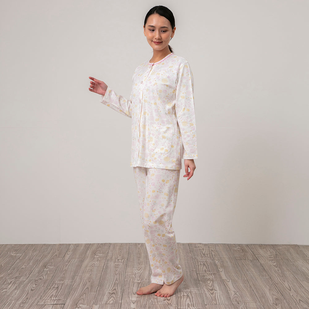 日本製 レディースパジャマ 長袖 前開き 丸首 ニット 洗える ポケット付き S M L 春 夏 秋 ピンク ロマンス小杉 | ねむりのアトリエ