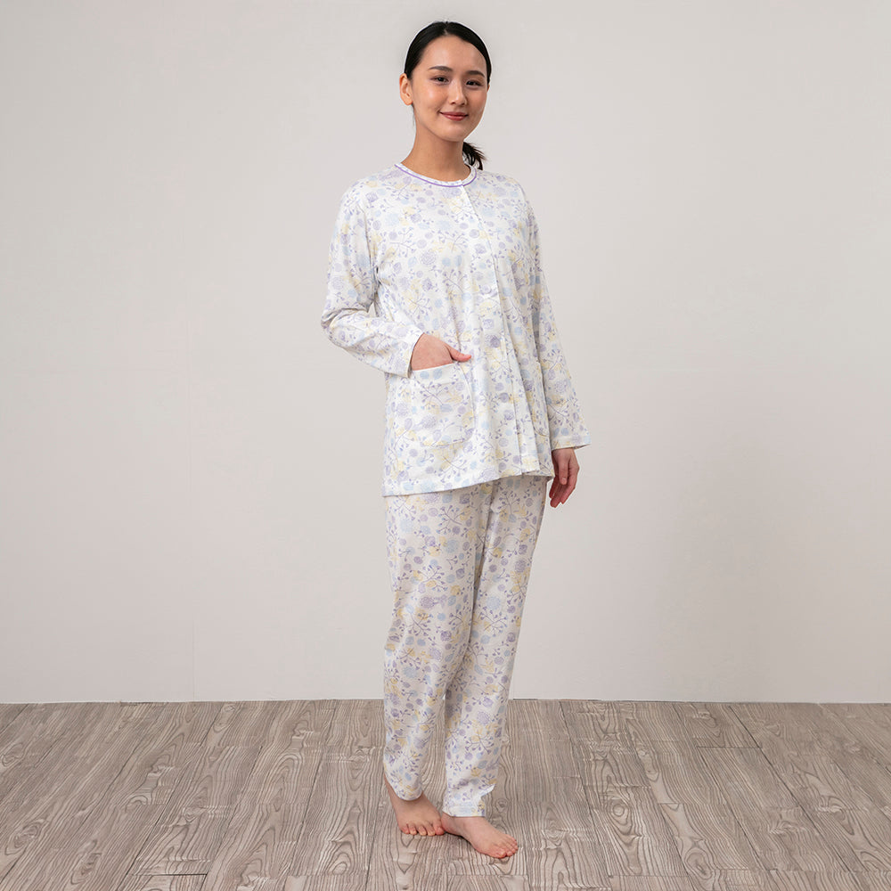 日本製 レディースパジャマ 長袖 前開き 丸首 ニット 洗える ポケット付き S M L 春 夏 秋 パープル ロマンス小杉 | ねむりのアトリエ