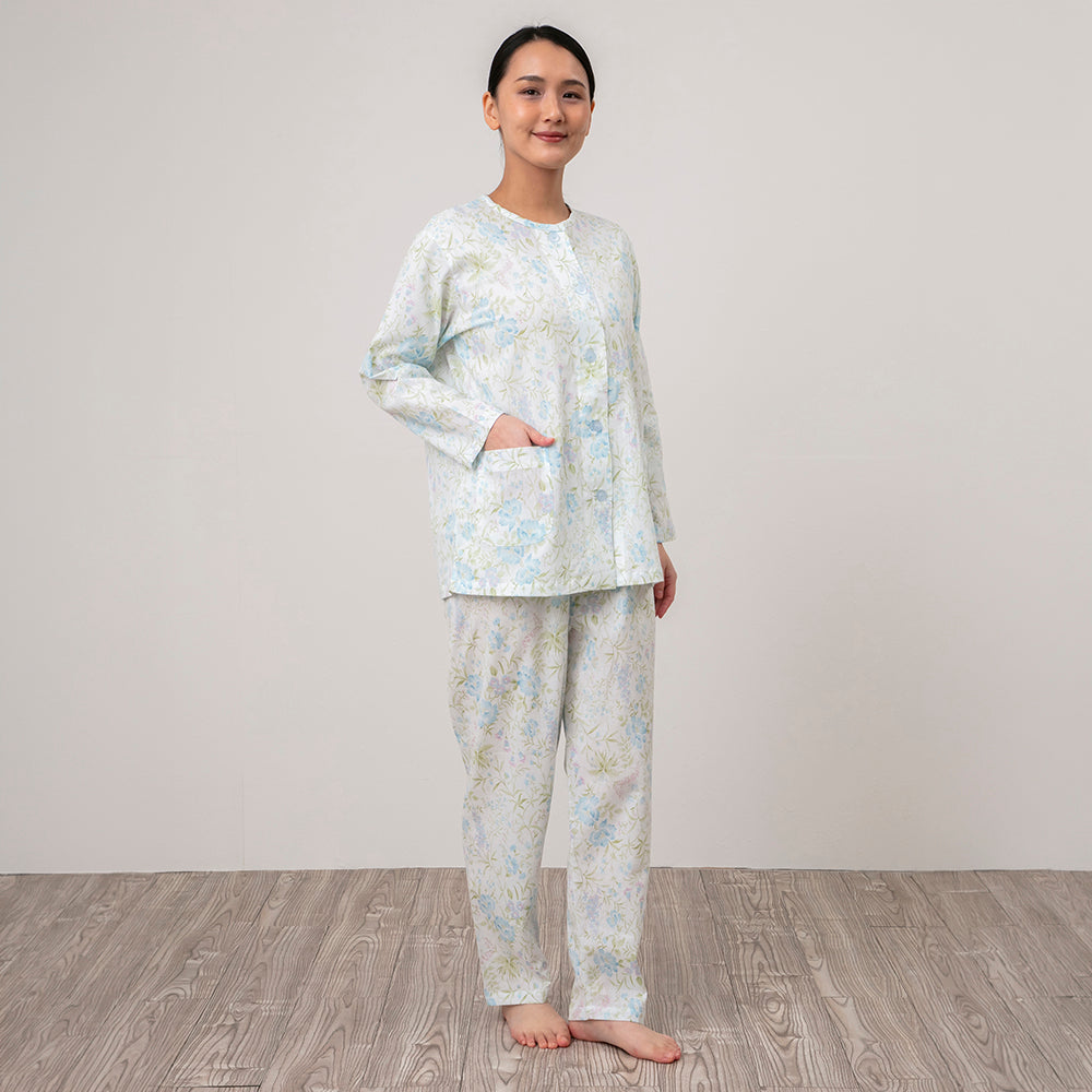 ロマンス小杉 日本製 レディースパジャマ 楊柳 長袖 上下セット 前開き 丸首 洗える ポケット付き 春 夏 秋  ブルー