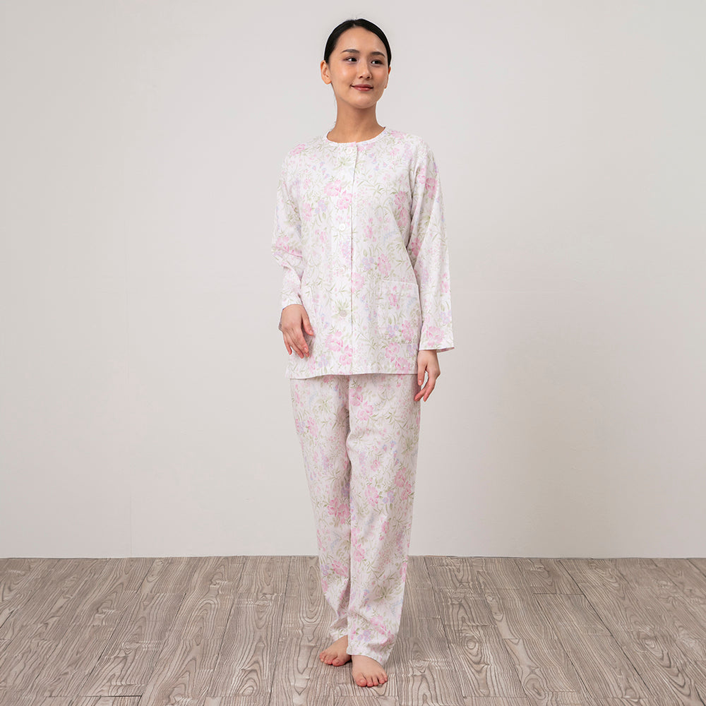 ロマンス小杉 日本製 レディースパジャマ 楊柳 長袖 上下セット 前開き 丸首 洗える ポケット付き 春 夏 秋  ピンク