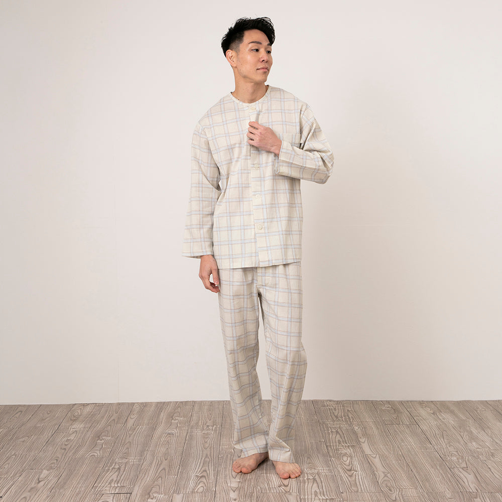 ロマンス小杉 日本製 メンズパジャマ 楊柳 長袖 上下セット 前開き 丸首 洗える ポケット付き 春 夏 秋 ベージュ ロマンス小杉