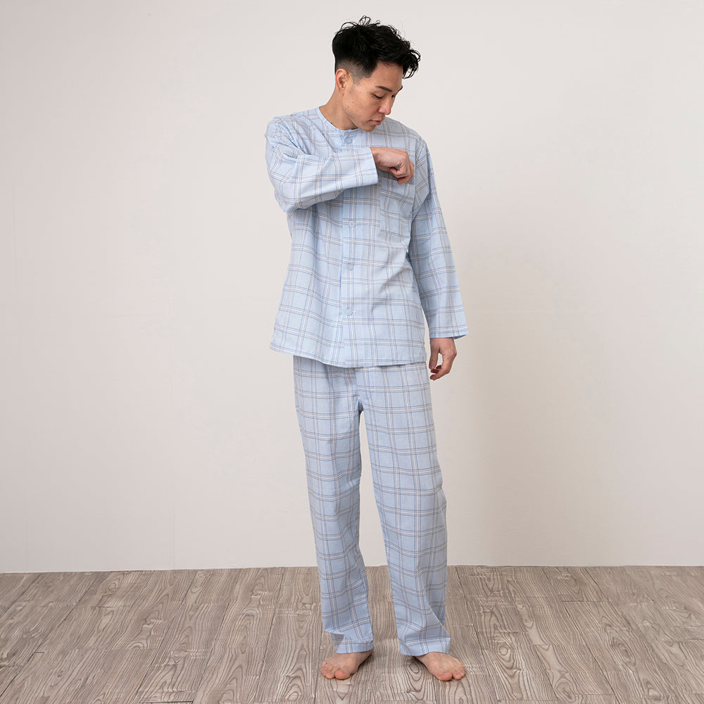 ロマンス小杉 日本製 メンズパジャマ 楊柳 長袖 上下セット 前開き 丸首 洗える ポケット付き ブルー 春 夏 秋 ロマンス小杉